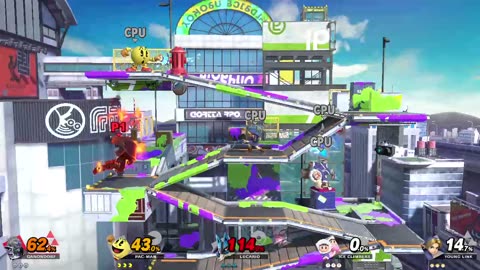 Ganondorf Vs Pac Man Vs Lucario Vs Ice Climber Vs Young Link On the Moray Towers Stage (Smash Bros)