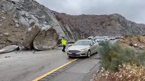 Rock slides block the road near Ocotillo, CA, were caused by heavy rains from Tropical Storm Hilary