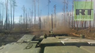 T-72 Tank RF Armed Forces, shoots a trench with AFU Soldiers