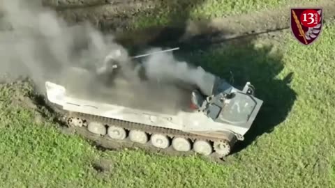 Russian 6 MB armored personnel carrier after drone strike Courtesy Kanal13
