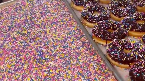 FRESH CHOCOLATE DONUTS with sprinkles.