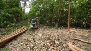 Building Survival log Cabin Bushcraft Shelter, Clay Fireplace , Cooking