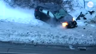 Teens drive allegedly stolen car off overpass to escape police chase