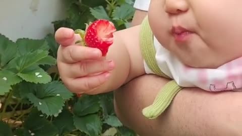smart baby eating strawberry