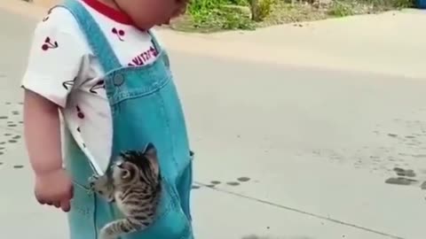 Baby gets confused as kitten leaves his pockets.