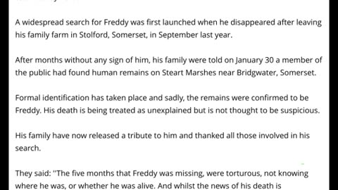 Body Of 17 Year Old Boy Freddy Perham Found Four Months After He Went Missing - Somerset, England