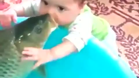 cute baby girl kissing fish