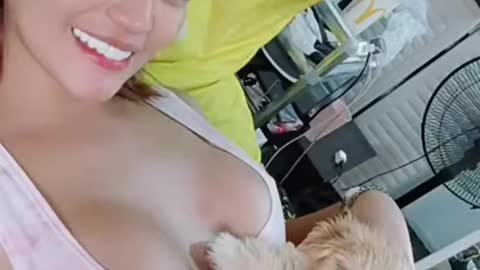 Little puppy with nice girl