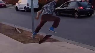 dude goes to try trick on skateboard then this happens.