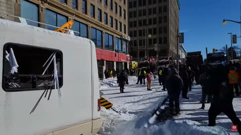 Freedom Convoy - Broken windows of caravan truck. All the damage goes from Trudeau's thugs, not from the protesters! (video from 02/18/2022)