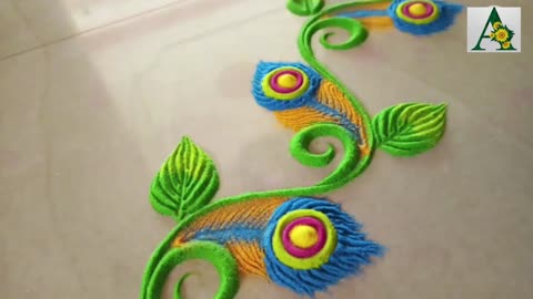 Peacock feather and Flower border Rangoli sand art