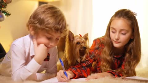 Beautiful little sister helping cute brother writing letter to Santa on New Year's eve
