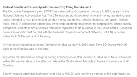 "Federal Beneficial Ownership Information Filing Requirement" ℹ️ "North Carolina Secretary of State"