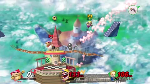 Roy (Koopa) vs Wario vs Mii Swordfighter on Peach's Castle (Super Smash Bros Ultimate)