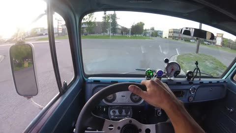 Drivers seat perspective of the 68 Chevy turbo-charged van, doing the ultimate burnout