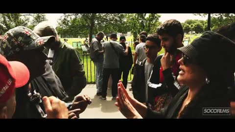 Muslim Lady defending the One Qur'an Myth Uncle Sam Speakers' Corner Debate #socofilms