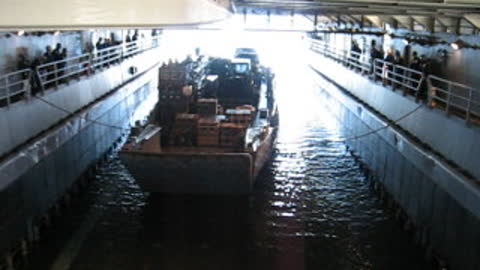 LCU mooring inside the Well Deck of the USS HARPERS FERRY