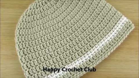 Crochet Beanie hat Simple Basic for LADIES - MENS Size 22"-24" - tutorial Happy Crochet Club.