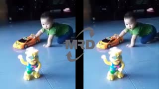 Baby playing with toys car and plastic bears