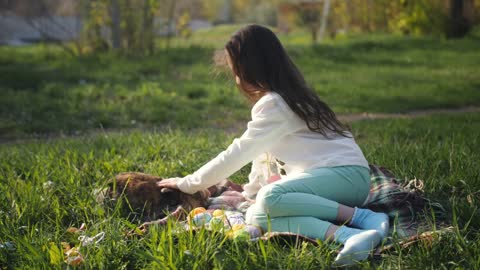 Little girl in the litter on the grass petting a brown rabbit among many colors, the Easter eggs
