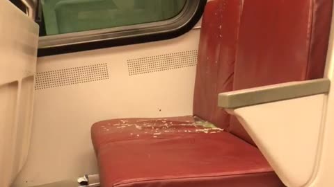 Man throws up on red seat of train