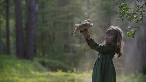 Little girl with an owl in a fairy forest. Friends