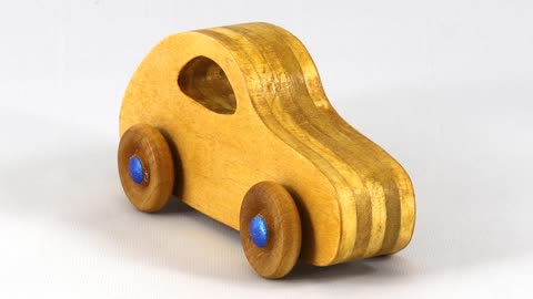 Wood Toy Car, Handmade and Finished with Amber Shellac and Saphire Blue Metallic Acrylic Paint