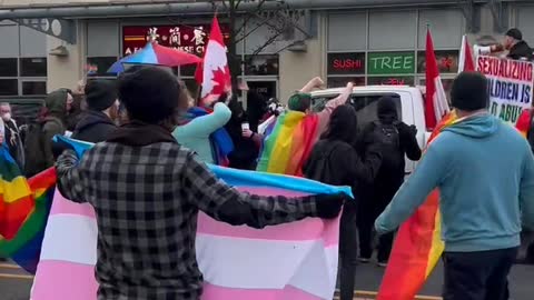 Antifa and Gays Against Groomers engage in protest at Drag Queen Story Hour in Coquitlam, BC.