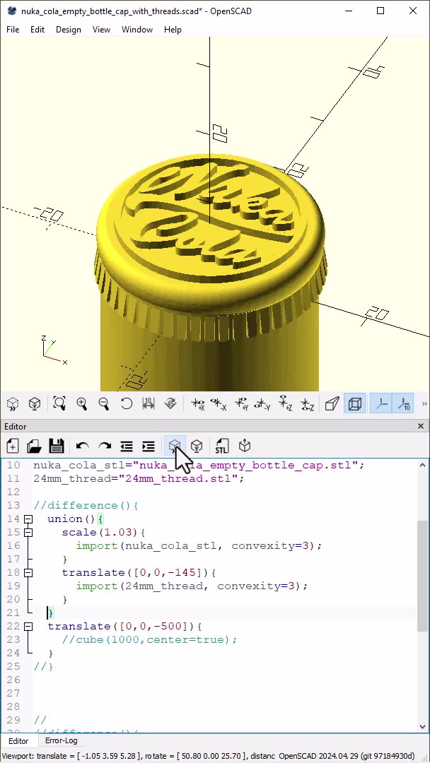 OpenScad: Add Threads to a Nuka Cola Cap