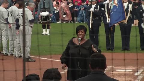 Lavern Spicer Sings American National Anthem at College Football Openings " Crowd goes Crazy "