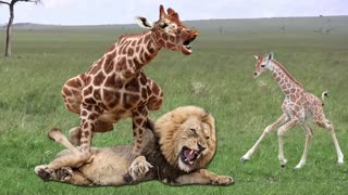 Lion Could Not Win Powerful of Giraffe – Mother Giraffe Take Down Lion To Save Her Baby