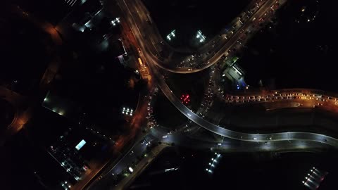 aerial view of city traffic at night