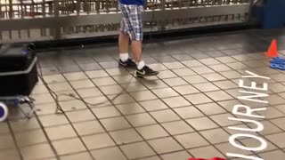 Little kid blue shirt singing subway