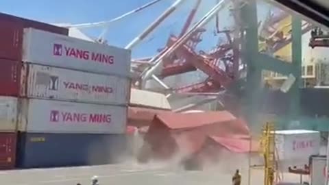 A massive container crane collapsing and workers running for their lives at the Port of Kaohsiung.