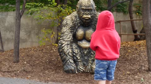 A mother and boy at the gorilla house at zoo