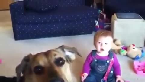 Toddler laughing at his funny act of dog