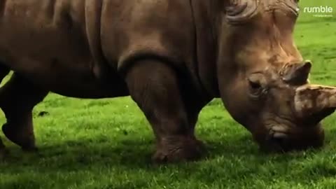 Gigantic and powerful rhinoceros graze on grass beside car on safari