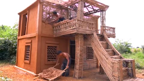 Building a modern mud house villa with mud furniture