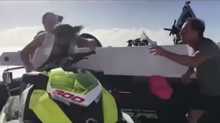 Three girls pretend to be riding jetski fake prank