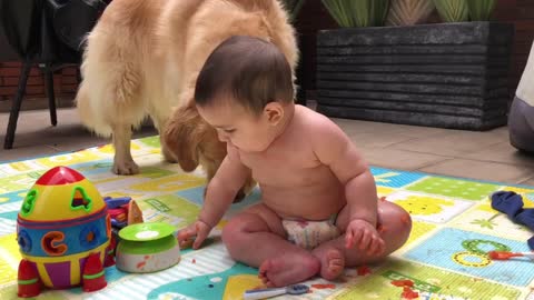 Baby boy and dog eating snacks together