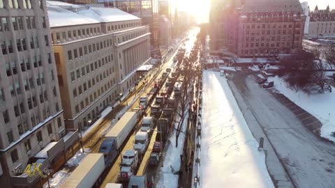 Ottawa:Drone view of freedom convoy truck rally at Parliament of Canada 1-28-2022