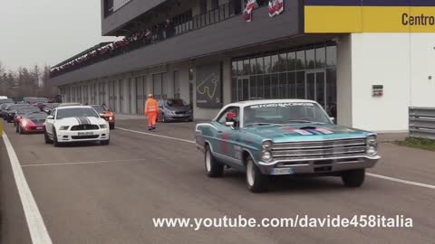 American cars parade: smoking tires, launch, fly bys & V8 sound