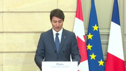 Prime Minister JustinTrudeau delivers remarks with President Emmanuel Macron in Paris