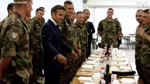 Macron Shares Meal with French, Belgian Troops in Romania
