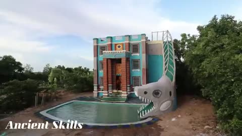 Building Creative 4-Story Classic Mud Villa, Swimming Pool & Dinosaur Water Slide