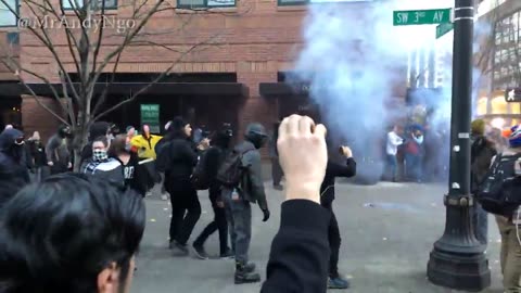 Nov 17 2018 Portland 2.1 Antifa starts to throw projectiles. Police launched a flash-bang grenade