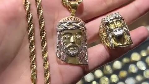 Real Gold Semi-Hollow Rope Chain, Jesus Pendant & Ring