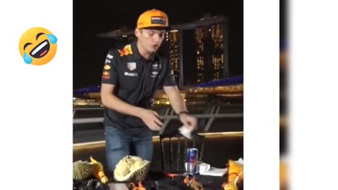 Funny moment reaction of a racer F1 when he eats durian makes him laugh