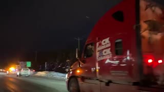 In Quebec City, Canada, a large number of trucks and vehicles are pulling in
