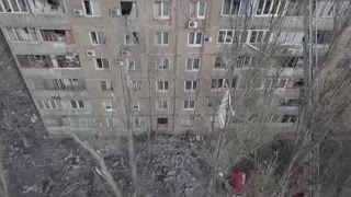 Drone footage shows damage after shelling in Donetsk